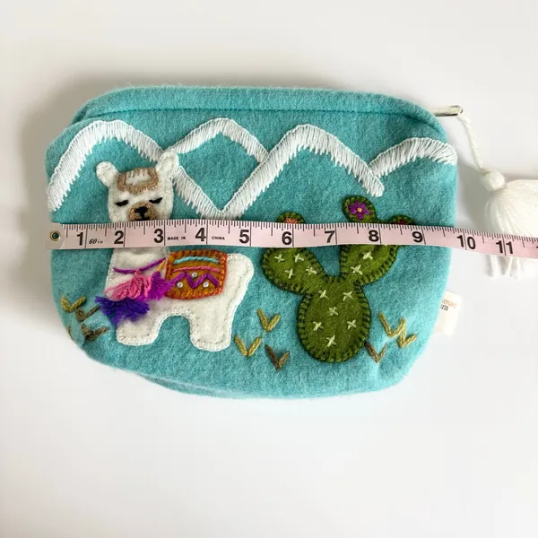 Wool Llama & Cactus Handmade in Peru Makeup Travel Cosmetics Bag Turquoise - Image 2