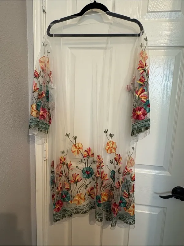 Sheer floral embroidered cardigan / kimono / coverup one size - Image 3