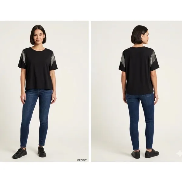 Joie Black Rhinestone Fringe Shoulder Cotton T-Shirt XL Short Sleeve Crop Top - Image 2