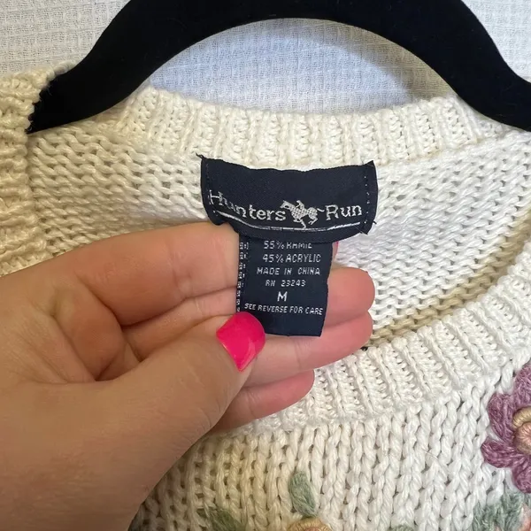 Hunters Run Vintage Floral Embroidered Knit Sweater Cream Ramie Blend Womens M‎ - Image 4