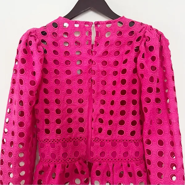 Lovers + Friends Hot Pink Puff Sleeve Peplum Top Cut Out Eyelet Size Small - Image 9
