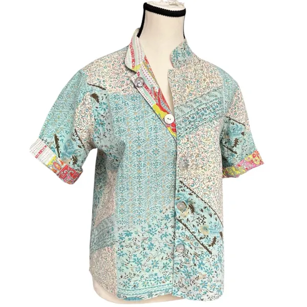Handmade Reversible Paisley Boho Patchwork Button Top Short Sleeve Medium Fit Red - Image 3