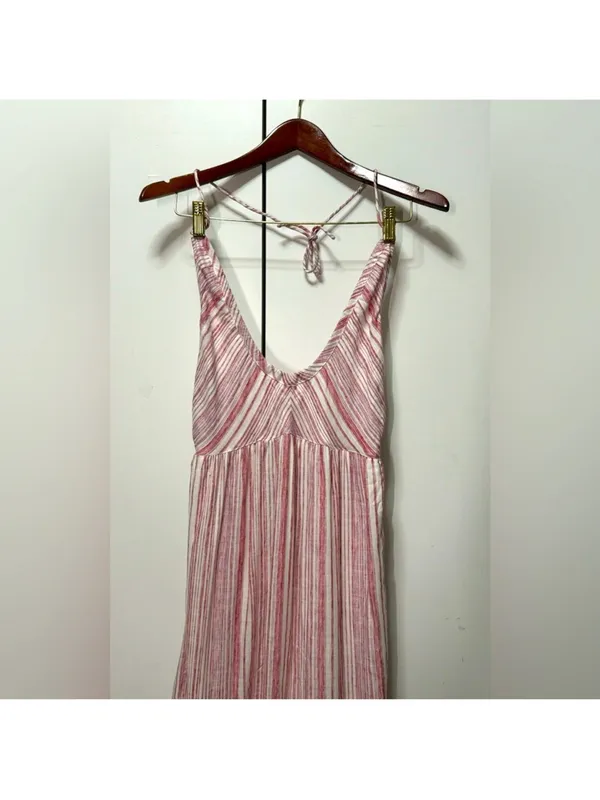 Free People Audrey Halter Maxi Dress Pink Striped Tie Back S - Image 11