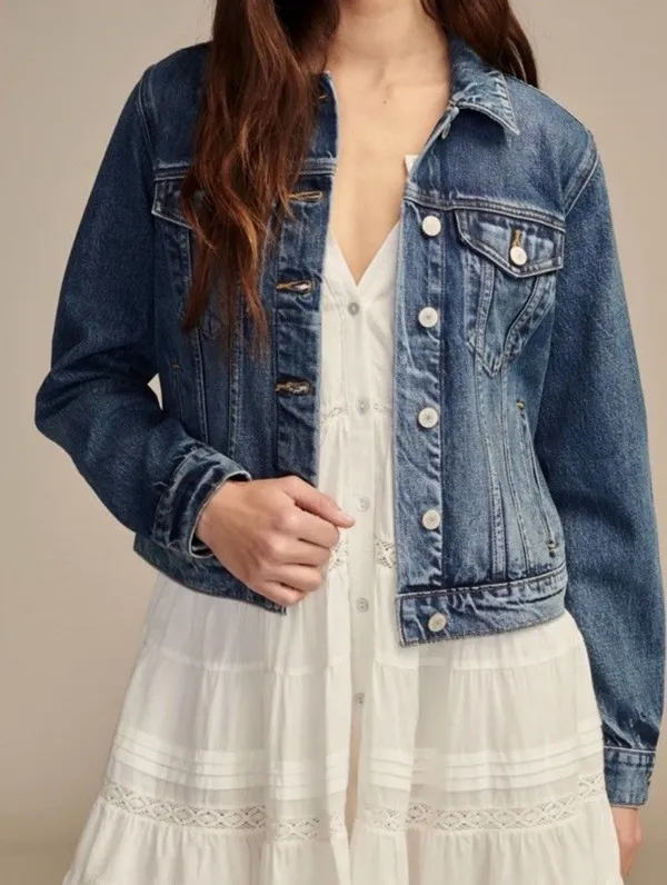 American Eagle Jean Trucker Jacket Distressed Waist Length Blue Denim Women’s M - Image 10