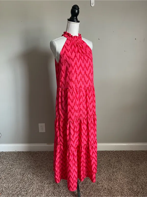 UMGEE | Hot Pink Chevron Print Tiered Halter Maxi Dress Sz S - Image 6