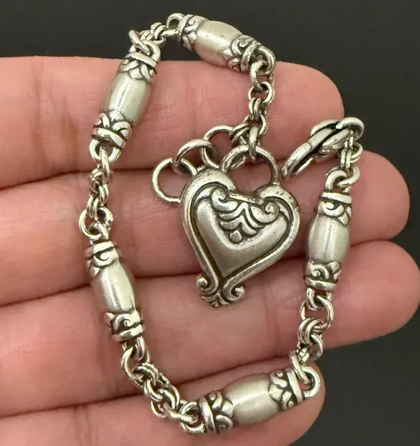 Retired BRIGHTON Blair Heart Barrel Link Chain Silverplated Heart Charm Bracelet - Image 2