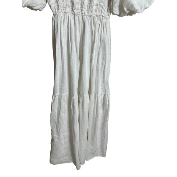 Dissh White 100% Linen Puff Sleeve Smocked Midi Dress Cottagecore Coastal US 6 - Image 4