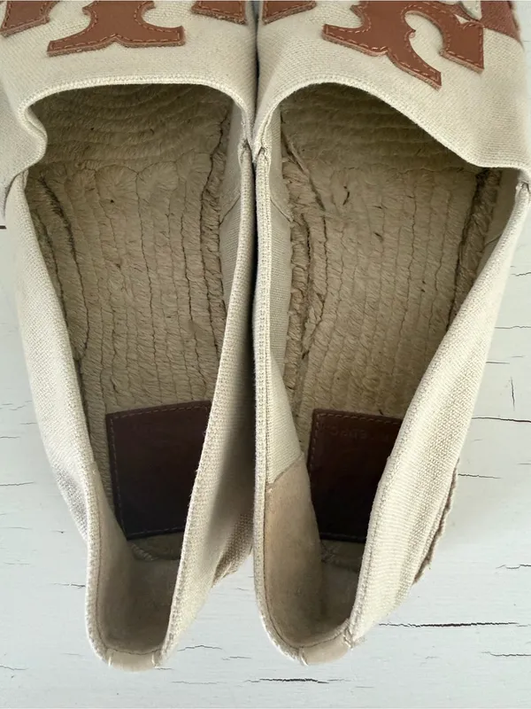 Tory Burch Double T Logo Canvas Espadrille Flats Brown Cream Size 9 - Image 6