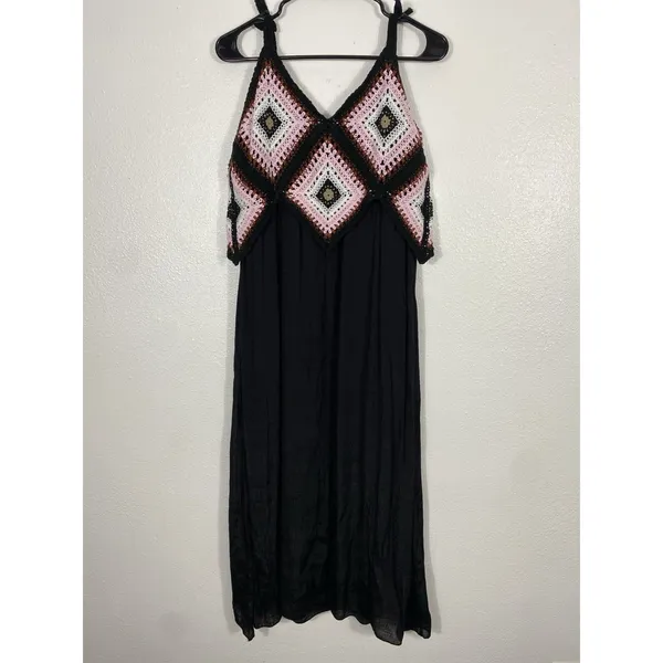 REBELLION Crochet Geometric Maxi Dress Sleeveless Black Pink Size M - Image 7