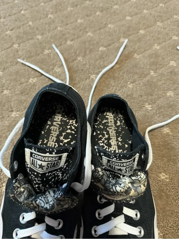 Converse Women’s Black & White Low Top Sneakers with Patterned Tongue - Image 5
