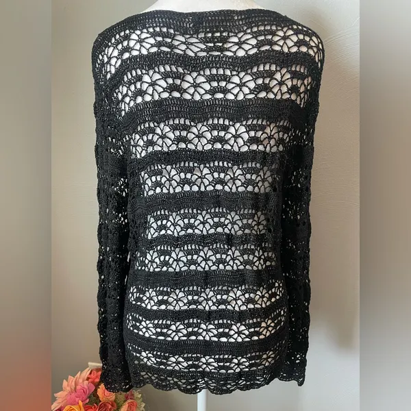 Laura Ashley Black Linen-Blend Crochet Knit Mesh Top - Image 4