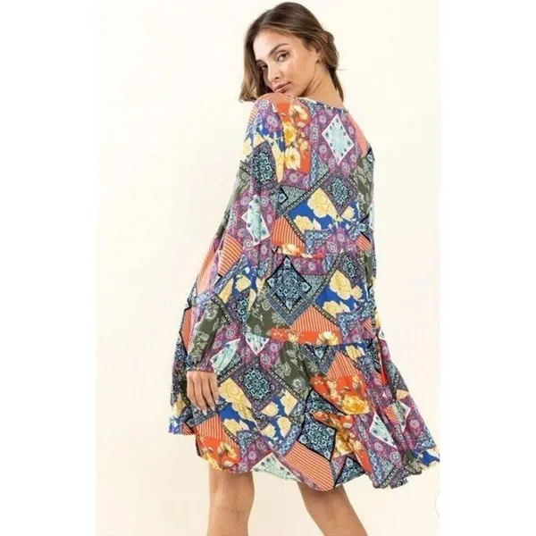 Ces femme Women Small Artsy Folksy Bohemian Patchwork Colorful Fall Chic Dress - Image 3