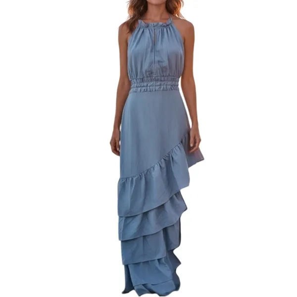 NWT ~ Women's Sexy Blue Ruffled Backless Halter Maxi Beach Dress ~ Size XL - Image 3