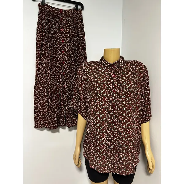 VINTAGE Jane Ashley Burgundy Floral Two Piece Shirt and Pleated Midi Skirt ML - Image 5