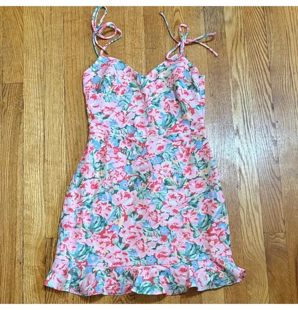 LPA From Revolve Floral Mini Dress XS Pink Green Ruffle Hem - Image 2