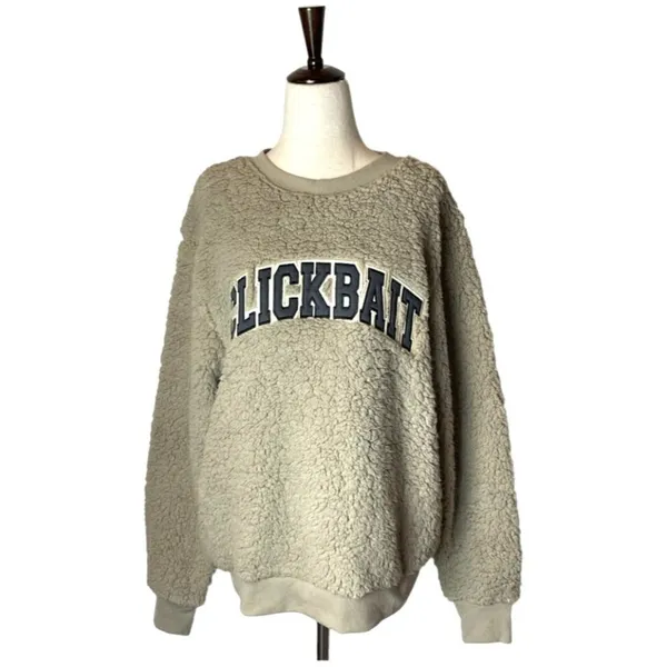 ClickBait David Dobrik Tan Sherpa Fleece Teddy Bear Fuzzy‎ Crewneck Sweatshirt S - Image 2