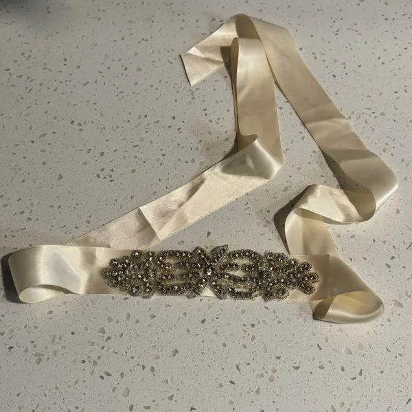 Ivory‎ Satin Bridal Sash Belt with Crystal Rhinestone Floral Applique Wedding - Image 3