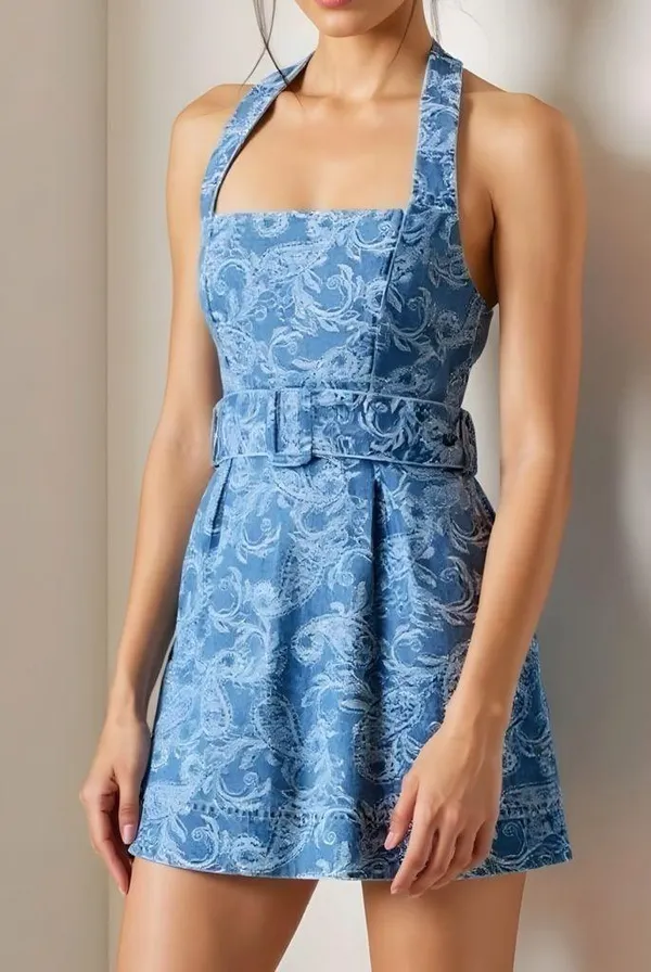 ELLIATT Rhythem Floral Embroidery Belted Denim Mini Dress, Blue, XS - Image 2