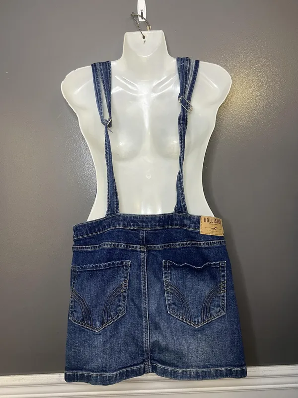 Hollister Denim Overall Dress Womens Medium Blue Skirtall Distressed Pockets - Image 5