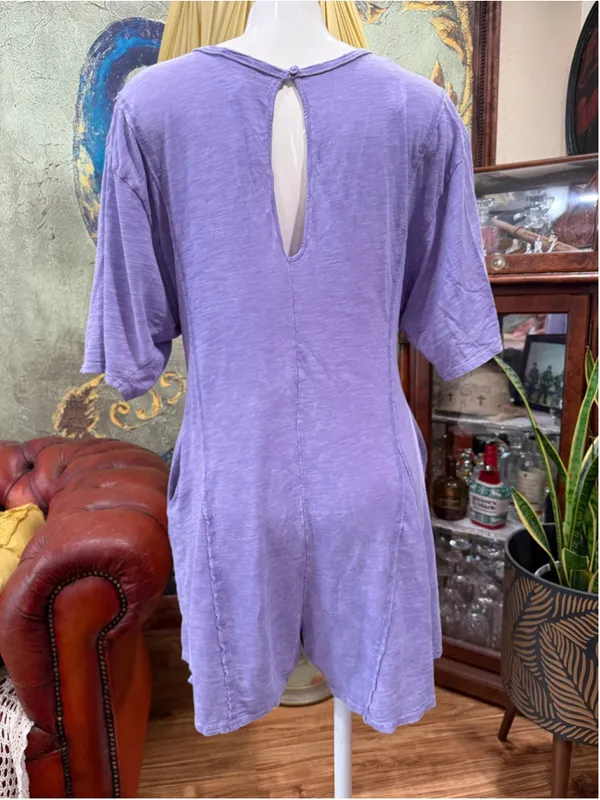 NeWViV Lavender Mineral Wash Knit Romper S 100% Cotton Raw Seam Keyhole Pocket - Image 5