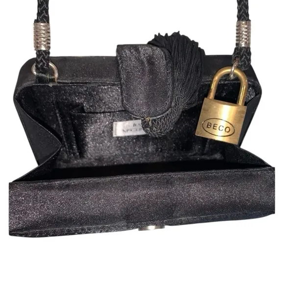Jessica McClintock Black Satin Box‎ Clutch Purse Tassel & Rope Strap Evening Bag - Image 6