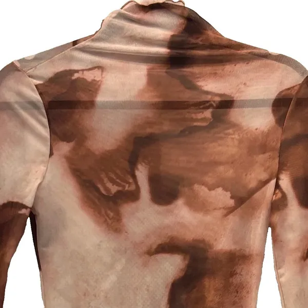 SheIn Sheer Body Suit Small Abstract Print Brown Travel‎ Vacation Layering Maximalist - Image 10