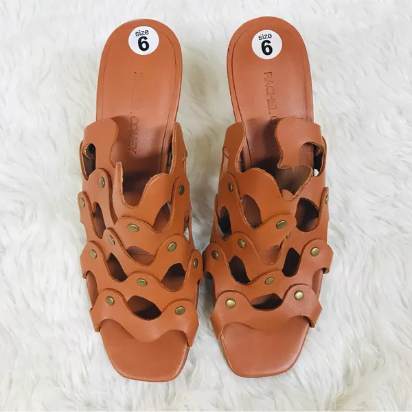 RACHEL‎ COMEY Brown Leather Mule Clog Wedge Sandal Tawny Woven Stud Size 6 - Image 2