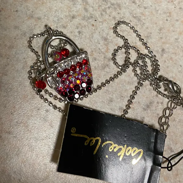 NWT Cookie Lee Crystal Handbag Pendant Necklace Silver Tone Red Rhinestone 16” - Image 4
