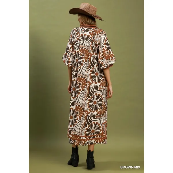 Umgee Abstract Print Midi Dress - Brown Mix - Large - Image 3