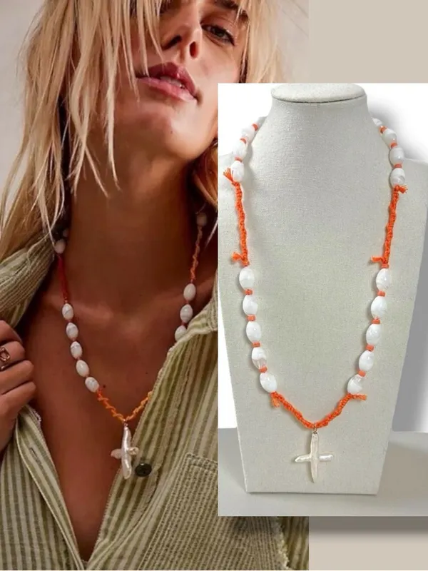 Free People Ariana Ost Easy Does It Pearl Cross Strand Necklace Bohemian Beach - Image 2