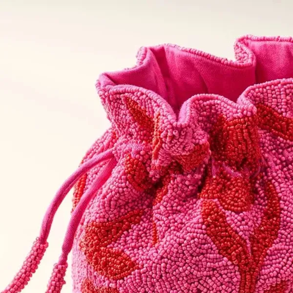 NWT Kate Spade x Target Beaded Floral Bucket‎ Bag Pink/Red Drawstring - Image 2