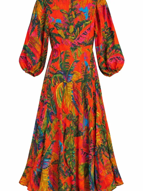 Farm Rio Urban Jungle Midi Dress Womens Small Orange Green Excellent Cutout - Image 5