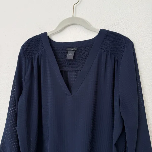 [Ann Taylor] Navy Blue V-Neck Chiffon Blouse 3/4 Length Sleeves Work Sz Large L - Image 3