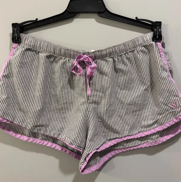 Victoria’s Secret Striped Embroidered Detail Long Sleeve Oversized Pajama Top and Shorts Set Grey and Purple - Image 7