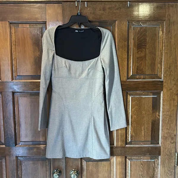 Zara Brown Micro Plaid Square Neck Dress Long Sleeve Mini Size Medium‎ M - Image 5
