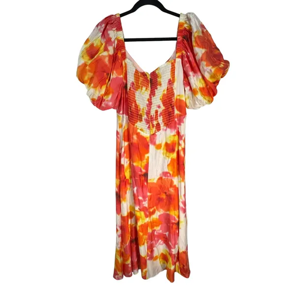Alex Marie Monroe Floral Midi Dress Orange Red Tie‎ Dye Puff Sleeve Size 16 NEW - Image 8