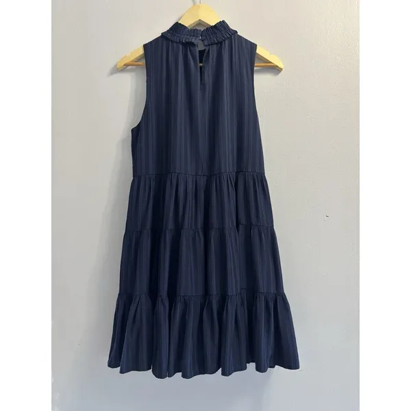GLAM Navy Blue Tiered Mock Neck Mini Dress Sleeveless Ruffle Babydoll Size M - Image 3