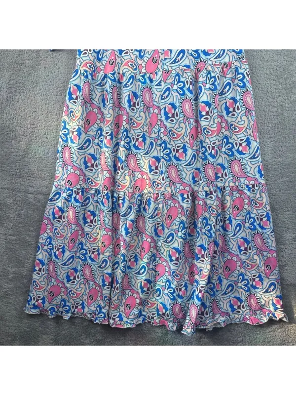 V-Neck Paisley Print Maxi Dress With Long Sleeves Pink & Blue Lightweight Fabric - Image 11