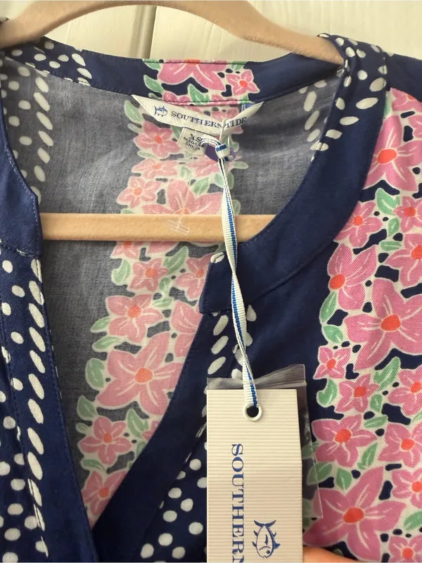 Southern Tide Navy Dress with Pink Floral & White Dot Accents - Image 2