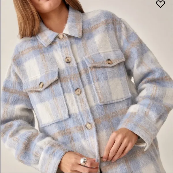 Reformation Ainslie Blue Plaid Wool Shacket Coat Button Front‎ Womens Size S - Image 2