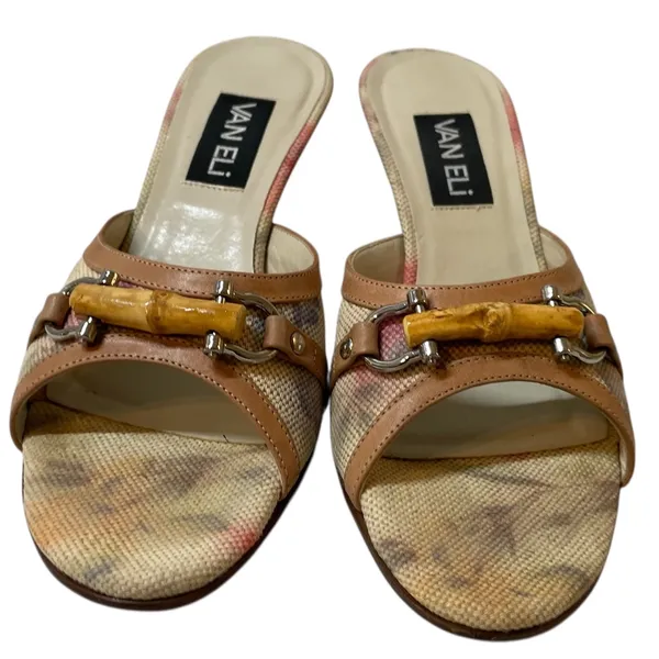 VANELI Tan/Beige Floral Canvas/Leather Slides Mules Heels Shoes - Size 8.5 Slim - Image 7