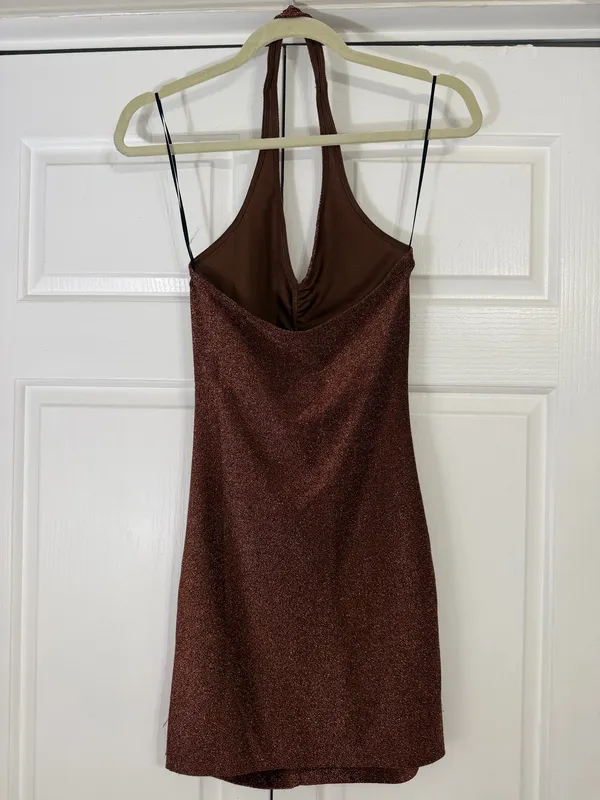 Bronze Glittery Halter Mini Dress Brown Size XS - Image 2