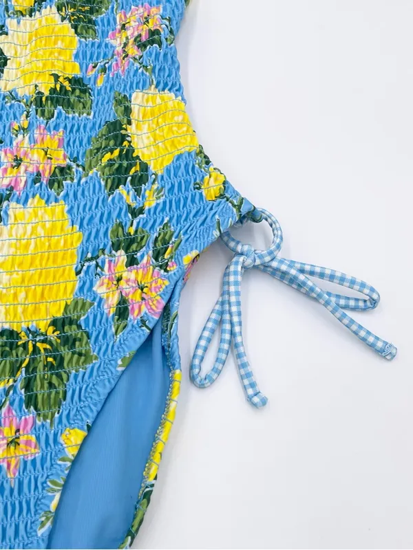 Aerie Smocked Plunge One Piece Swimsuit Size Small Blue Yellow Floral Beachy - Image 8