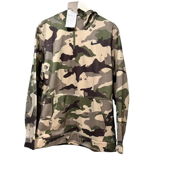 Nike Therma-FIT Camo Pullover Hoodie Green Tan Brown Fleece Lined CU6260-326 - Image 3