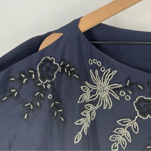 Free People Navy Blue Floral Beaded Embroidered Chiffon Dolman‎ Sleeve Dress M - Image 4
