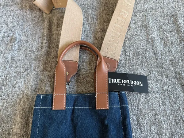 True Religion Navy Denim Mini Tote with Brown Leather Accents - Image 9