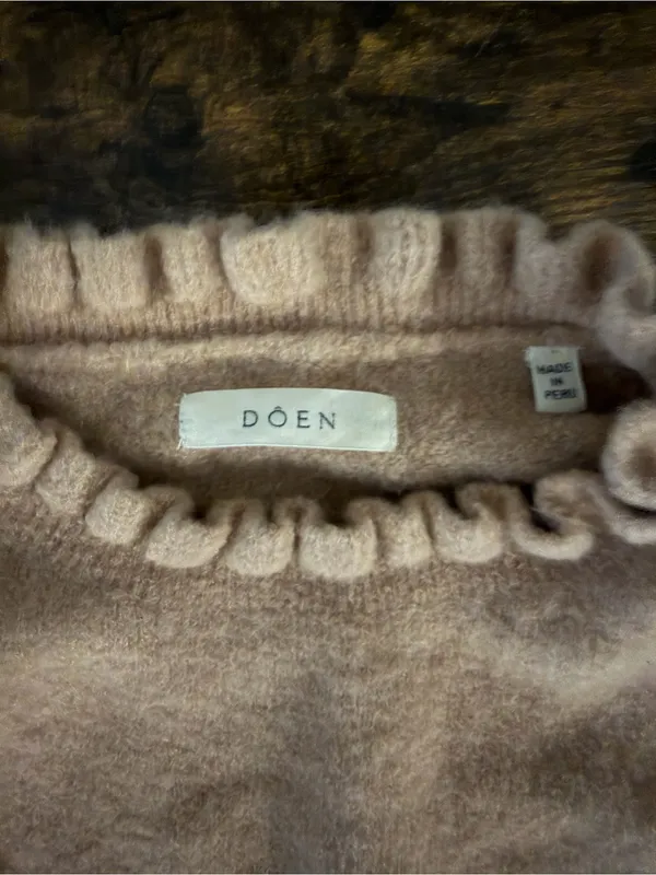 DOEN Alpaca Wool Blend Ruffle Trim Sweater Camel Puff Sleeve Knit Small - Image 3
