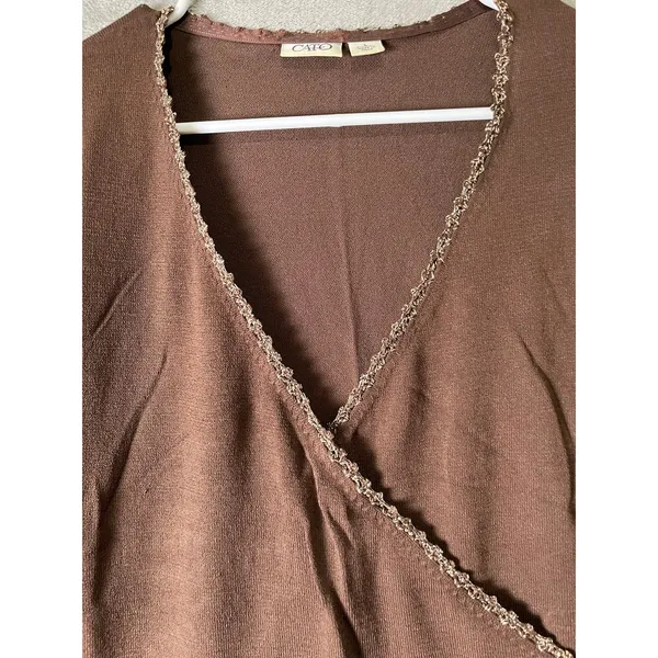 Vintage Y2K Brown Faux Wrap Top Metallic Beaded Trim 3/4 Sleeve Fairy Grunge L - Image 2