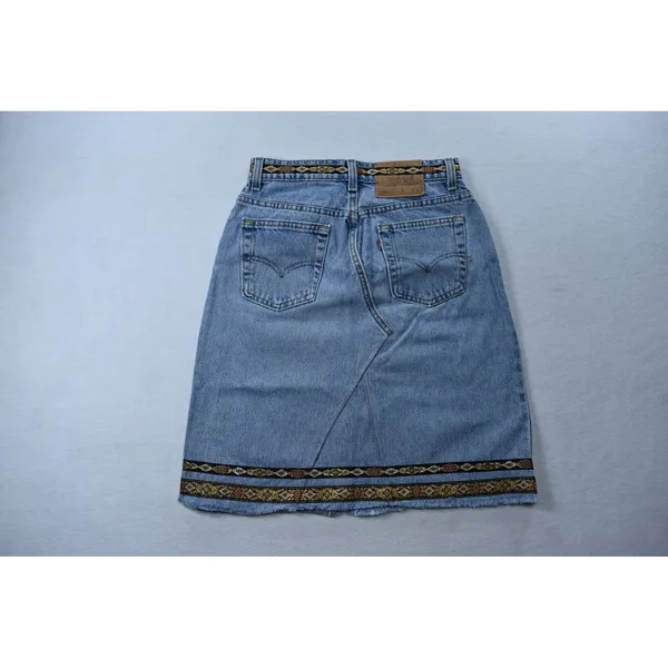 Vintage Levis 555 Denim Skirt Light Wash Embroidered Ribbon Trim Made in USA 25 - Image 2