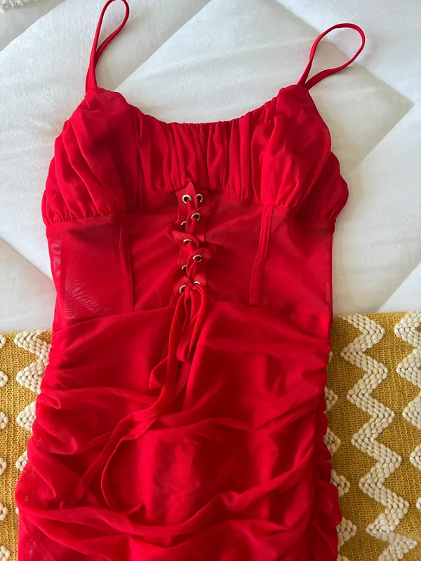 Tiger Mist Red Mesh Lace Up Mini Dress - Image 5